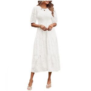 Cottagecore White Midi Dress Smocked Floral Crewneck Lacy Flowy Tiered NWT M